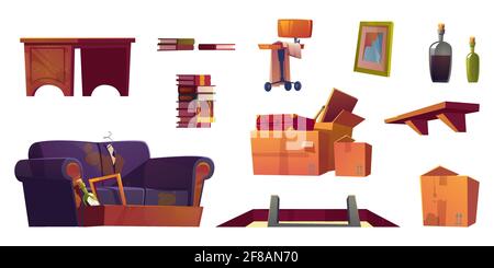Old furniture stored on house attic. Hatch with ladder, wooden shelf, sofa with torn upholstery and dirty cardboard boxes with junk. Vector cartoon set with chair, book stack, table and broken frame Stock Vector