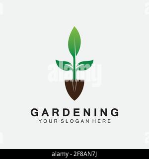 Gardening logo with shovel icon and tree with green leaves logo template. Stock Vector