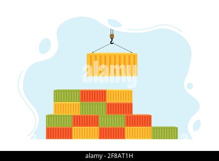 Port crane lifts yellow container. Lots of shipping containers. concept of worldwide delivery by marine transport or goods to world. Vector illustrati Stock Vector