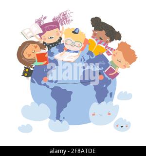 Isolated illustration with Happy kids reading Books on Globe Stock Vector