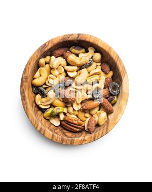 Mix of salted nuts in bowl isolated on white background. Stock Photo