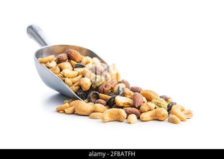 Mix of salted nuts in sccop isolated on white background. Stock Photo