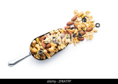 Mix of salted nuts in sccop isolated on white background. Stock Photo