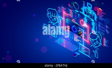 Kids, boy and girl learning online courses programming, coding, on sample simple computer game. Education children of gamedev, programming on computer Stock Vector