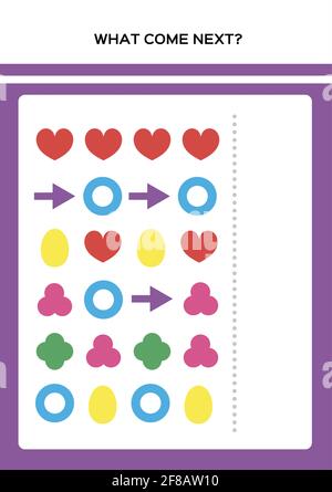 Shapes and Colors. What come next educational logic math game. Completing the Pattern Educational Game for Preschool Children. Purple. Vector. Stock Vector