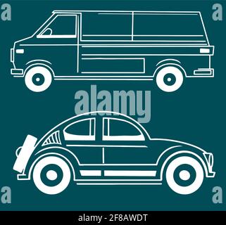 Couple of cars in outline contour style over blue background. Stock Vector