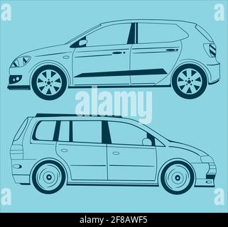 Outline contour style view of the car over blue background. Stock Vector