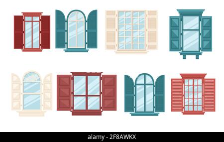 Set of various wooden windows with shutters collection retro windows vector illustration on white background Stock Vector
