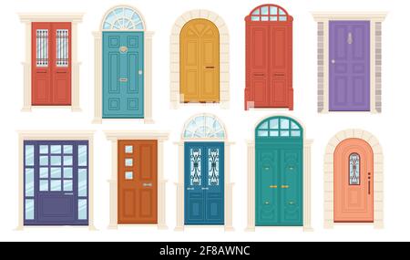 Set of different wooden doors with and without glass vector illustration on white background Stock Vector