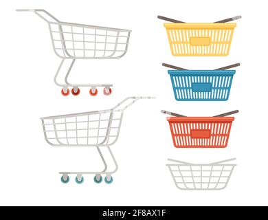 Set of shopping carts and baskets vector illustration isolated on white background Stock Vector