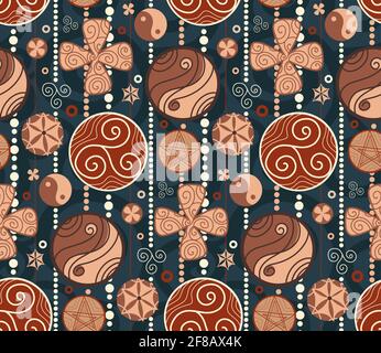 Seamless pattern with wooden garland of amulets and curls on dark blue background. Vector texture with yin yang, triskel and horseshoe. Wallpaper with Stock Vector