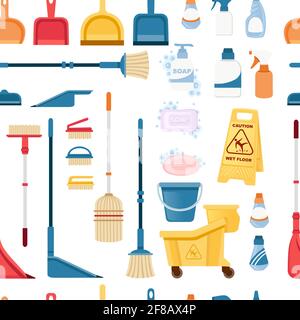 Seamless pattern of items for cleaning and cleaning floors disinfecting objects vector illustration on white background Stock Vector