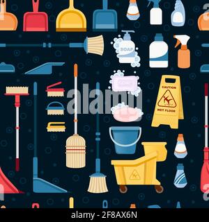 Seamless pattern of items for cleaning and cleaning floors disinfecting objects vector illustration on blue background Stock Vector