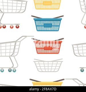 Seamless pattern of shopping carts and baskets vector illustration on white background Stock Vector