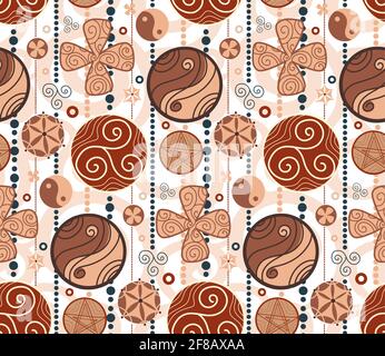 Seamless pattern with wooden garland of amulets and curls on a white background. Vector texture with yin yang, triskel and horseshoe. Wallpaper with t Stock Vector