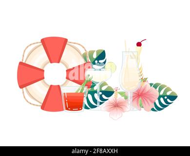 Three exotic cocktails in transparent glass with tropical flowers vector illustration on white background Stock Vector