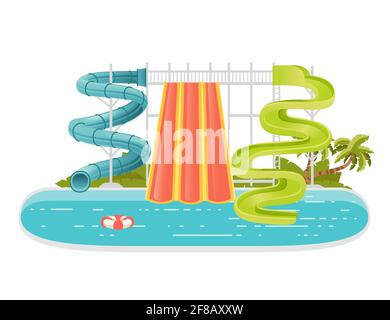 Waterpark illustration with colored plastic screw slides and pool with palm tree on the shore vector illustration on white background Stock Vector