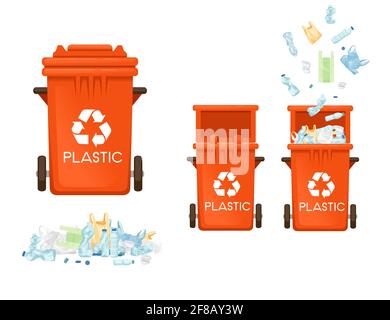Red garbage bin trash can for plastic types of waste vector illustration isolated on white background Stock Vector