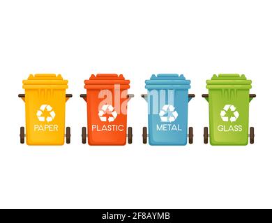 Set of colored garbage bins trash cans for different types of waste vector illustration isolated on white background Stock Vector