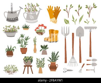 Big collection of items for gardening various gardening tools vector illustration isolated on white background Stock Vector
