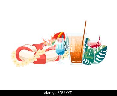 Three exotic cocktails in transparent glass with tropical flowers vector illustration on white background Stock Vector