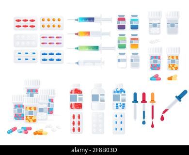 Big set of medicine and pharmacy drugs pills injection and drops vector illustration on white background Stock Vector