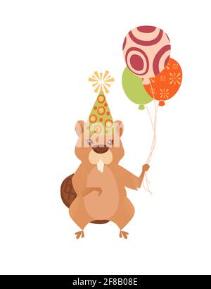 Cute beaver in a cone-cap holds a air balloons in hands birthday animal concept cartoon animal design vector illustration on white background Stock Vector