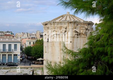 Tower of the Winds or the Horologion of Andronikos Kyrrhestes, octagonal Pentelic marble clocktower in the Roman Agora in Athens, Greece, Europe Stock Photo