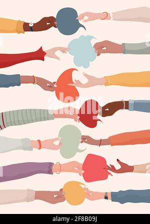 Arms and hands holding speech bubble. Agreement or affair between a group of colleagues or collaborators.Diversity People who exchange information. Stock Vector