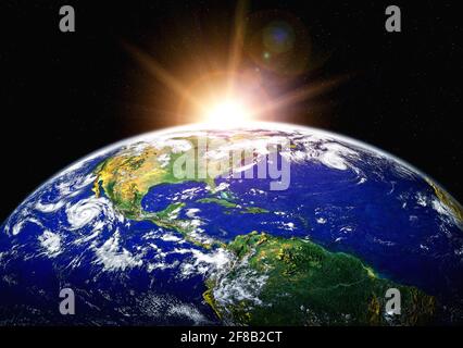 Planet earth globe view from space showing realistic earth surface and world map as in outer space point of view . Elements of this image furnished by