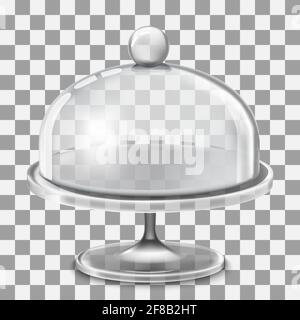 Cake stand with spherical glass cover dome isolated on transparent background. 3d realistic litchenware for dessert, template mockup. Vector illustrat Stock Vector