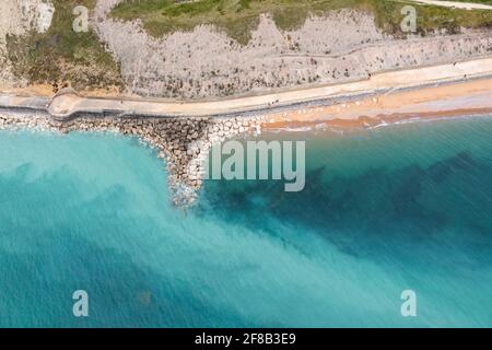 Aerial view of coastal defences at West Bay near Bridport, Dorset Stock Photo