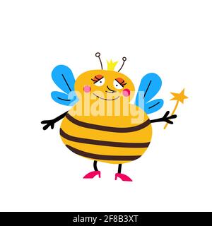 Bee queen flat style with magic wand and crown Stock Vector