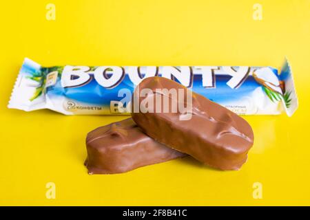 BELARUS, NOVOPOLOTSK - 12 APRIL, 2021: Bounty bar on yellow background close up Stock Photo