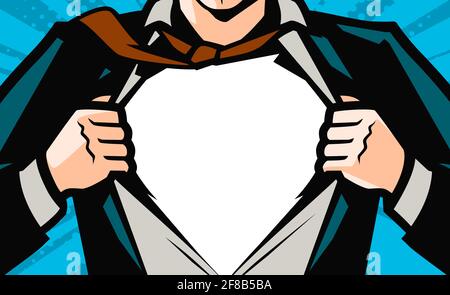 Superhero businessman tearing his shirt. Business success concept in pop art comic style. Vector illustration Stock Vector