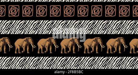 ETHNIC TREND. PAINTING IN AFRICAN STYLE. SEAMLESS AFRICAN PATTERN. TRADITIONAL PATTERN. savanna animals. elephant. Vector illustration. Fashion. Stock Vector