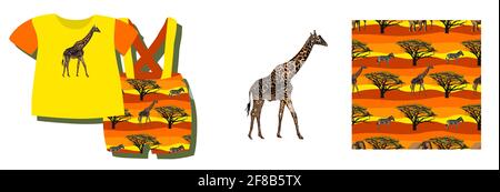 ETHNIC TREND. PAINTING IN AFRICAN STYLE. SEAMLESS AFRICAN PATTERN. TRADITIONAL PATTERN. savanna animals. giraffe. Vector illustration. Fashion. Stock Vector