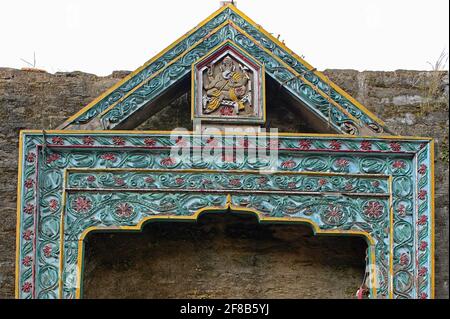 25 Sep 2009 Vintage Ganesh and wooden carved Frame Jageshwar temple Complex, Almora , Uttaranchal Uttarakhand , India Stock Photo