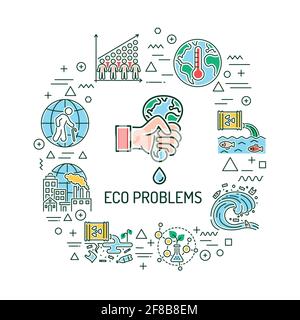 Eco problems web banner. Infographics with linear icons on white background. Creative idea concept. Isolated outline color illustration Stock Vector