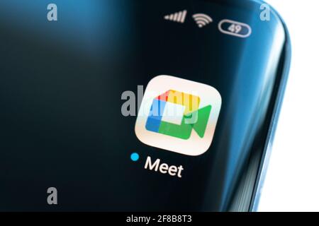 Google Meet app icon. Google Meet is a video - communication service developed by Google. April 3, 2021 Barnaul, Russia Stock Photo