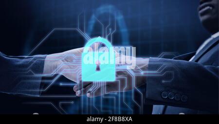 Composition of online security padlock, businessmen shaking hands in background Stock Photo