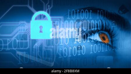 Composition of security padlock, processor, binary code and woman's eye Stock Photo