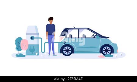 Men charge and drive eco car, city transportation in public park. Personal electric transport, green electro transport. Ecological vehicle isolated on Stock Vector
