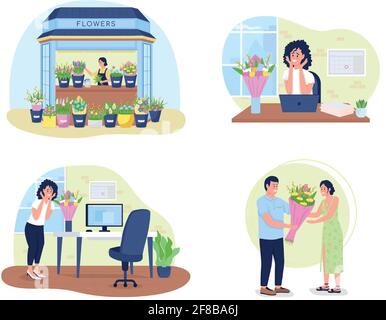 Bouquet gift 2D vector web banner, poster set Stock Vector