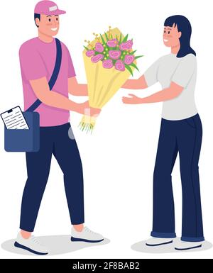 Happy delivery man give woman bouquet flat color vector detailed characters Stock Vector