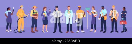 Key workers flat color vector faceless characters Stock Vector