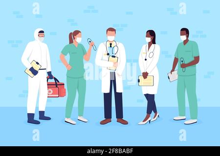Doctors and nurses in medical masks flat color vector faceless characters set Stock Vector