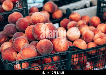 Ripe domestic bio juicy peaches in black plastic boxes on a street market Stock Photo