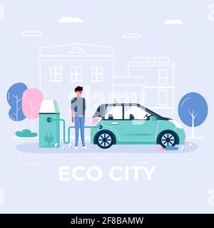 Men charge and drive eco car, city transportation in public park. Personal electric transport, green electro transport. Ecological vehicle isolated on Stock Vector