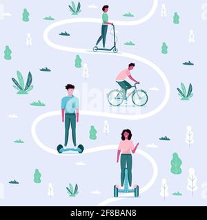 Men and women drive eco city transportation in public park. Personal electric transport, green electro scooter, hoverboard, gyroscooter, unicycle and Stock Vector